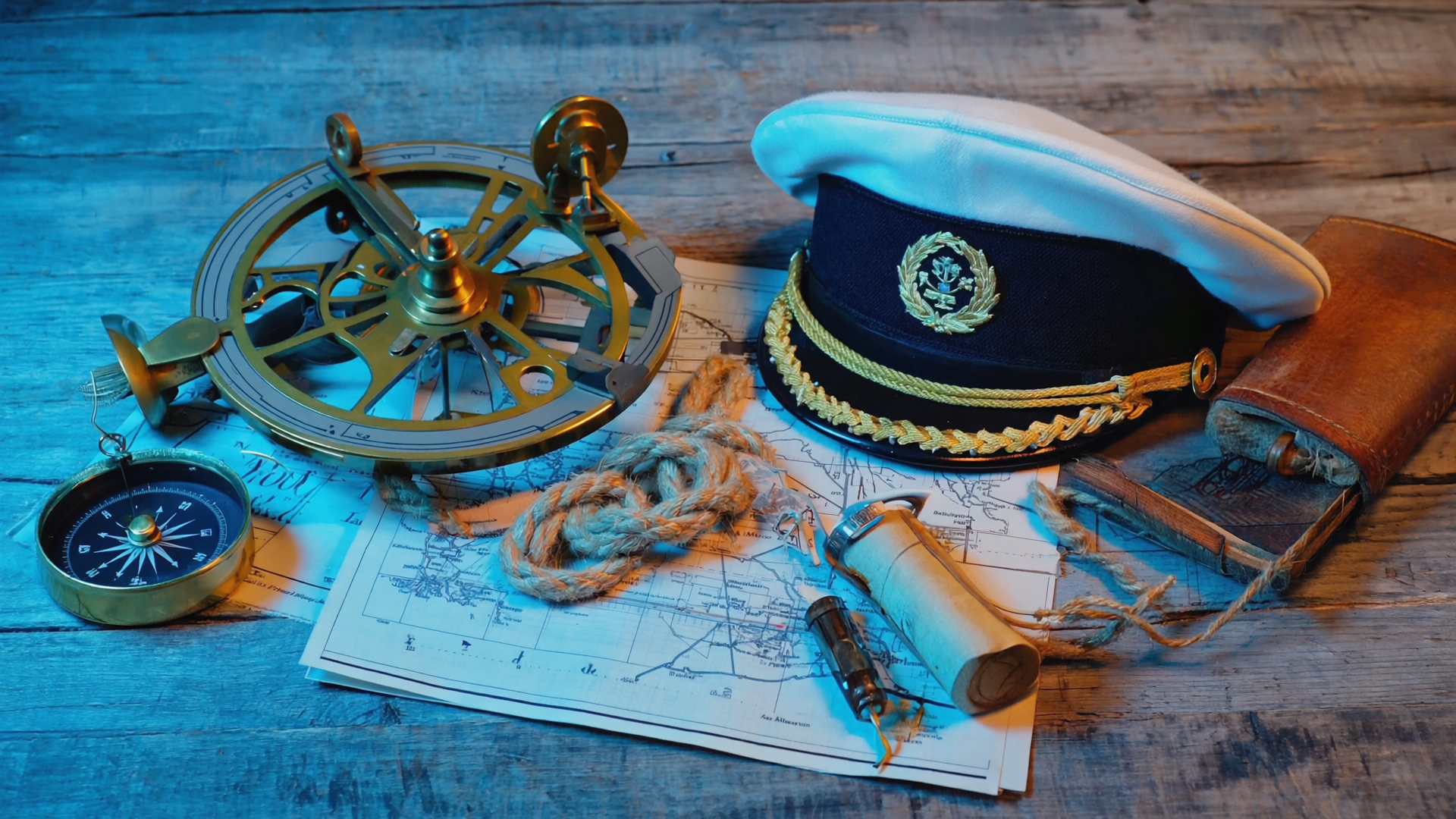 Maritimes Stillleben: Sextant, Seekarte, Logbuch — das Inventar einer Schifffahrts-Erinnerung.